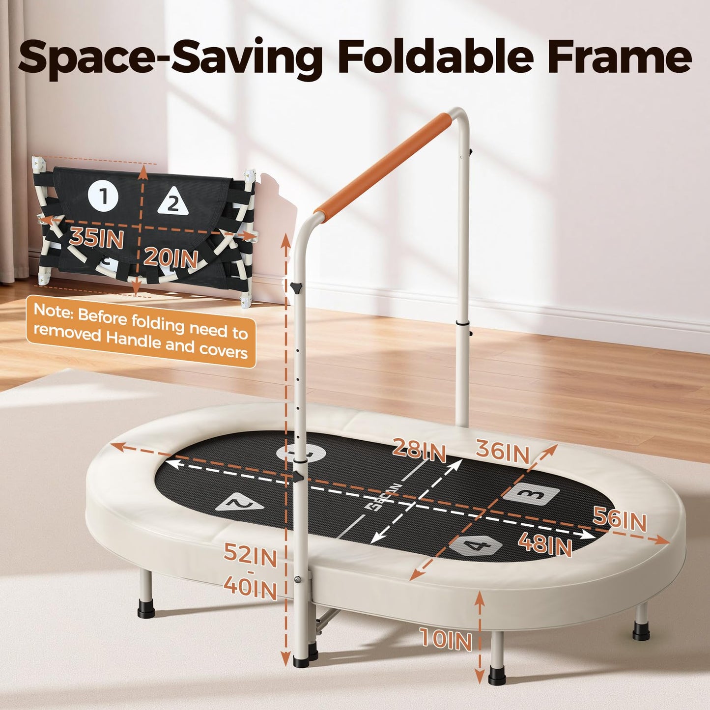 BCAN 56IN 2-Person Kids Trampoline, Safe-Elastic Band Foldable Frame Trampoline for Kids 1-8, ASTM Certified-Toddler Tampoline with Adjustable Stable Handlebar&Thickened Cover,Max Load 220lbs