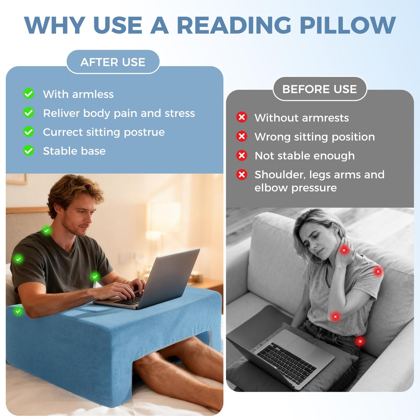 VERASCOT Reading Pillow for Gaming Lap Desk Pillow for Laptop with Pocket Foldable Memory Foam Bed Desk for Reading Working Crocheting Gaming Arm Rest on Bed/Sofa/Floor/Couch/Car (Blue Foldable)