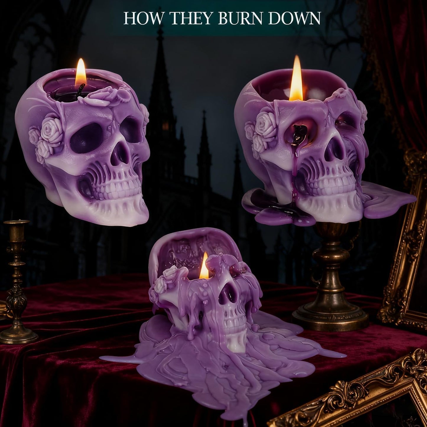 Sungmor Purple Skull Shaped Candles - Halloween Decor, Day of the Dead Gifts, Gothic Home Decor Candles, Unique Scented Candle for Spooky Ambiance, Set of 2, 100% Natural Soy Wax Decorative Candle
