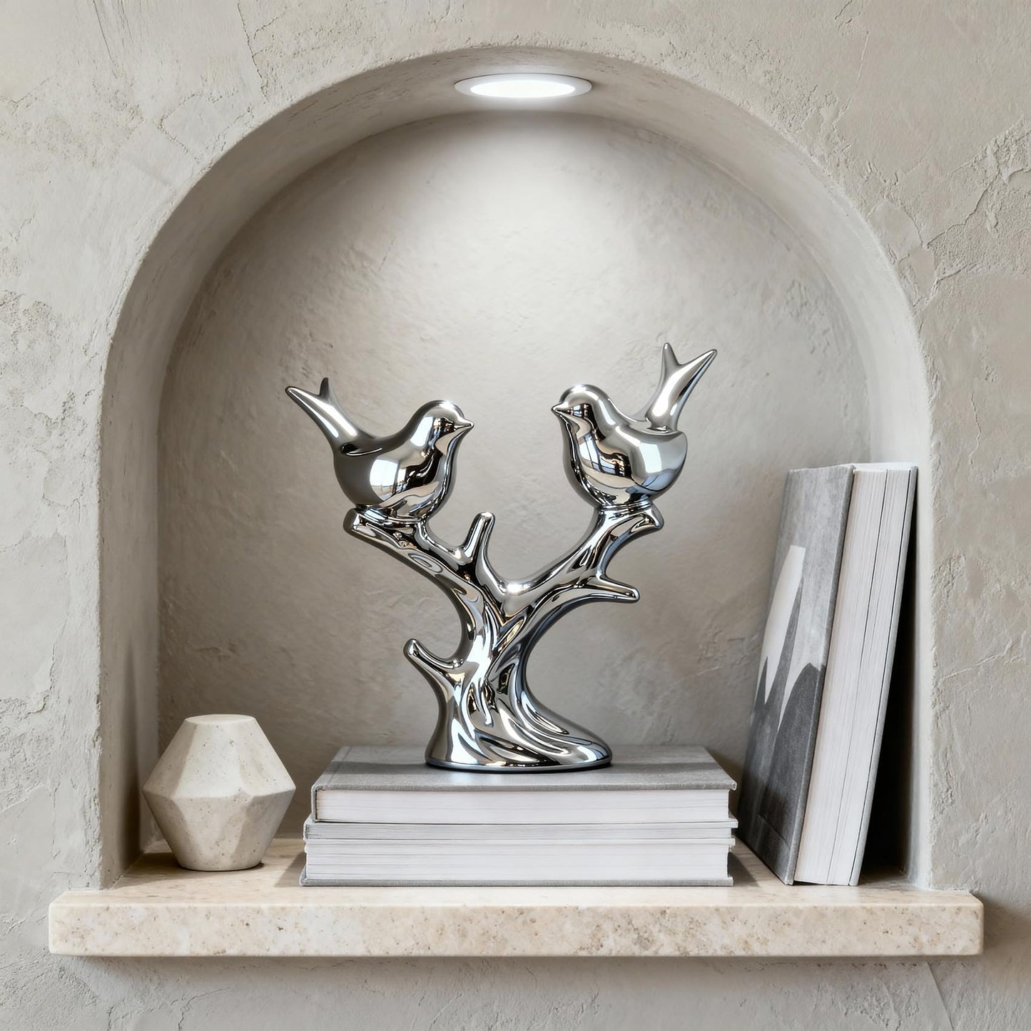 Jubiluxor Silver Ceramic Bird Statue, Mirror Chrome Finish, Two Lovebirds on Branch, 7-Inch Mantel & Bookshelf Decor, Modern Home Sculpture, Housewarming Wedding
