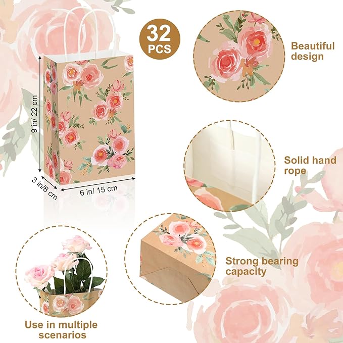Karenhi 32 Pcs Small Floral Gift Bags with Handles Vintage Floral Paper Treat Bags Reusable Kraft Paper Tea Party Gift for Mothers Day Party Favors 8.7 x 5.9 x 3.2 In