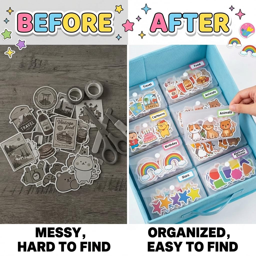 Sticker Organizer, Clear Plastic Envelopes with Snap, 12 Pack Waterproof and Durable for Sticker Storage, Scrapbook Storage, Washi Tape, Scrapbooking & Stamping Supplies (9.5 x 4 Inches)