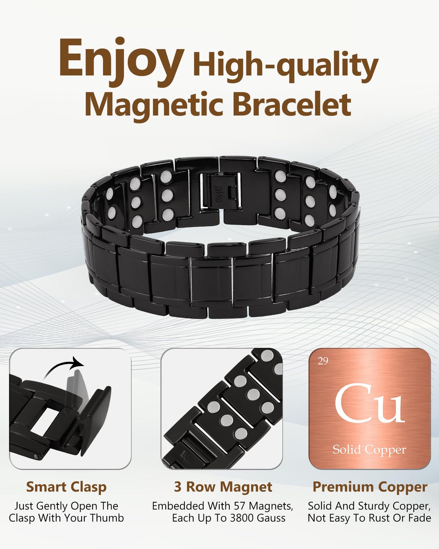 Feraco Copper Bracelet for Men, 3X Strength Magnetic Therapy Cooper Bracelet with Powerful 3800 Gauss Magnets,Copper Jewelry,Black