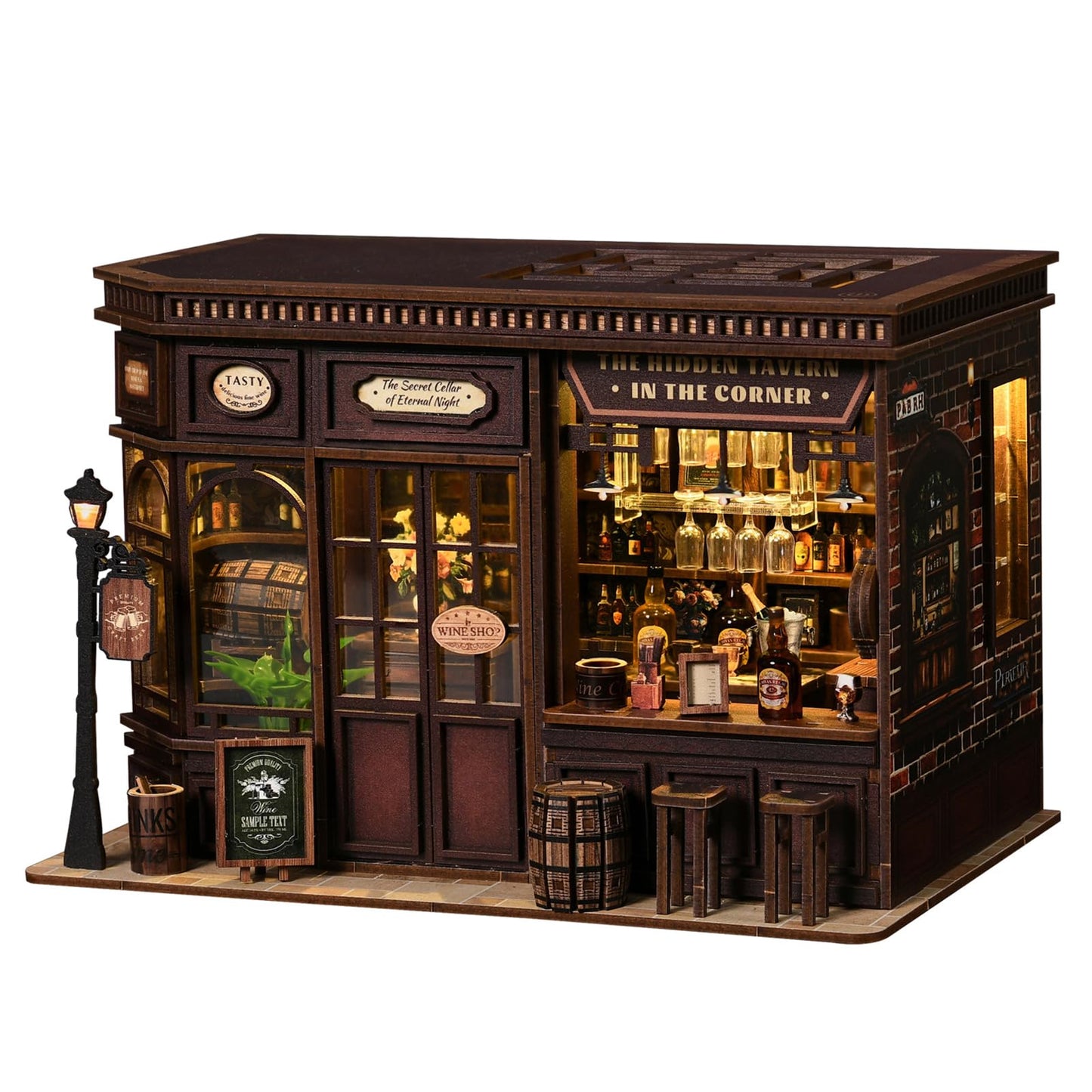 FLTRXCE Corner Tavern Book Nook Kits for Adults - DIY Miniature Doll House Kit with LED Lights, 3D Wooden Puzzles, Teens & Beginners, Unique Gift for Book Nooks Lovers, Bookshelf Decor