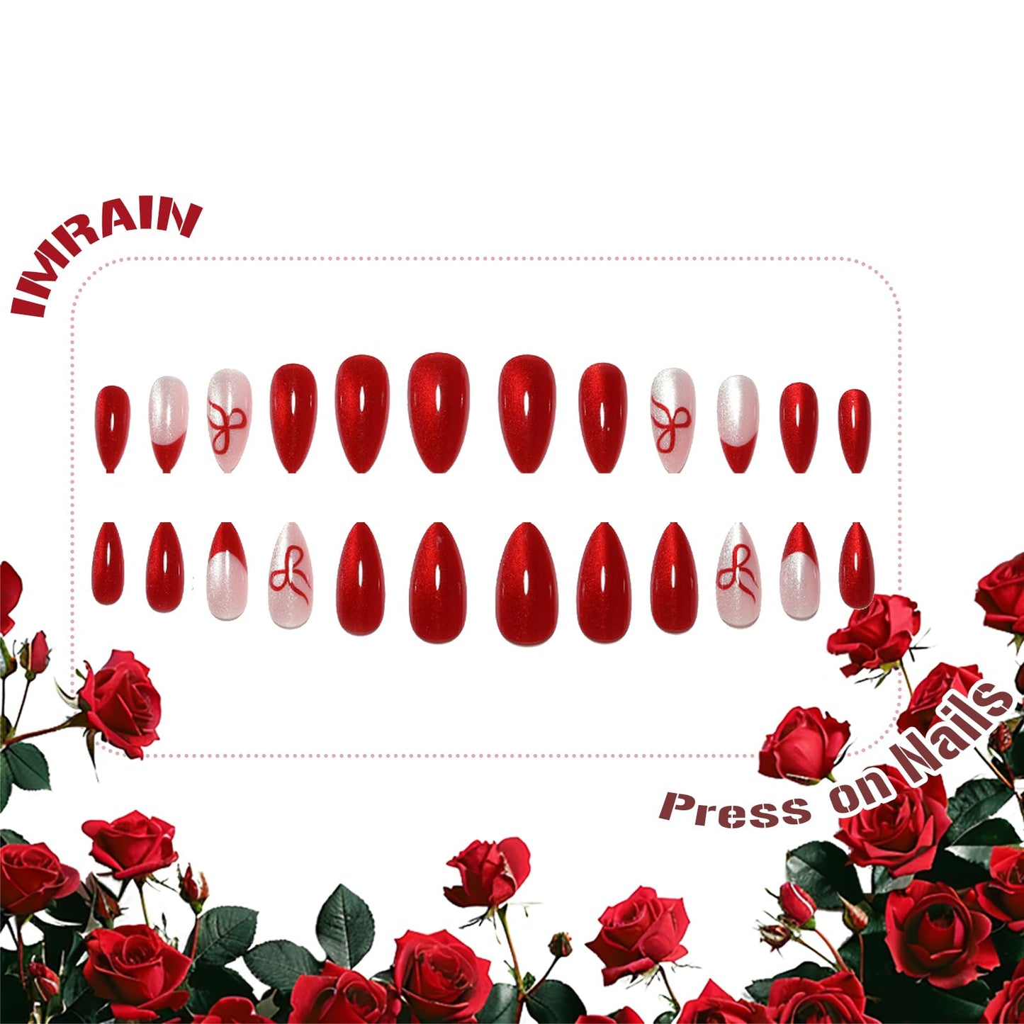 IMRAIN Press on Nails Red French Tip Fake Nails Medium Almond False Nails - Cat's Eye, Bow Designs Reusable Acrylic Artificial Glue on Nails 24Pcs DIY Manicure Decor