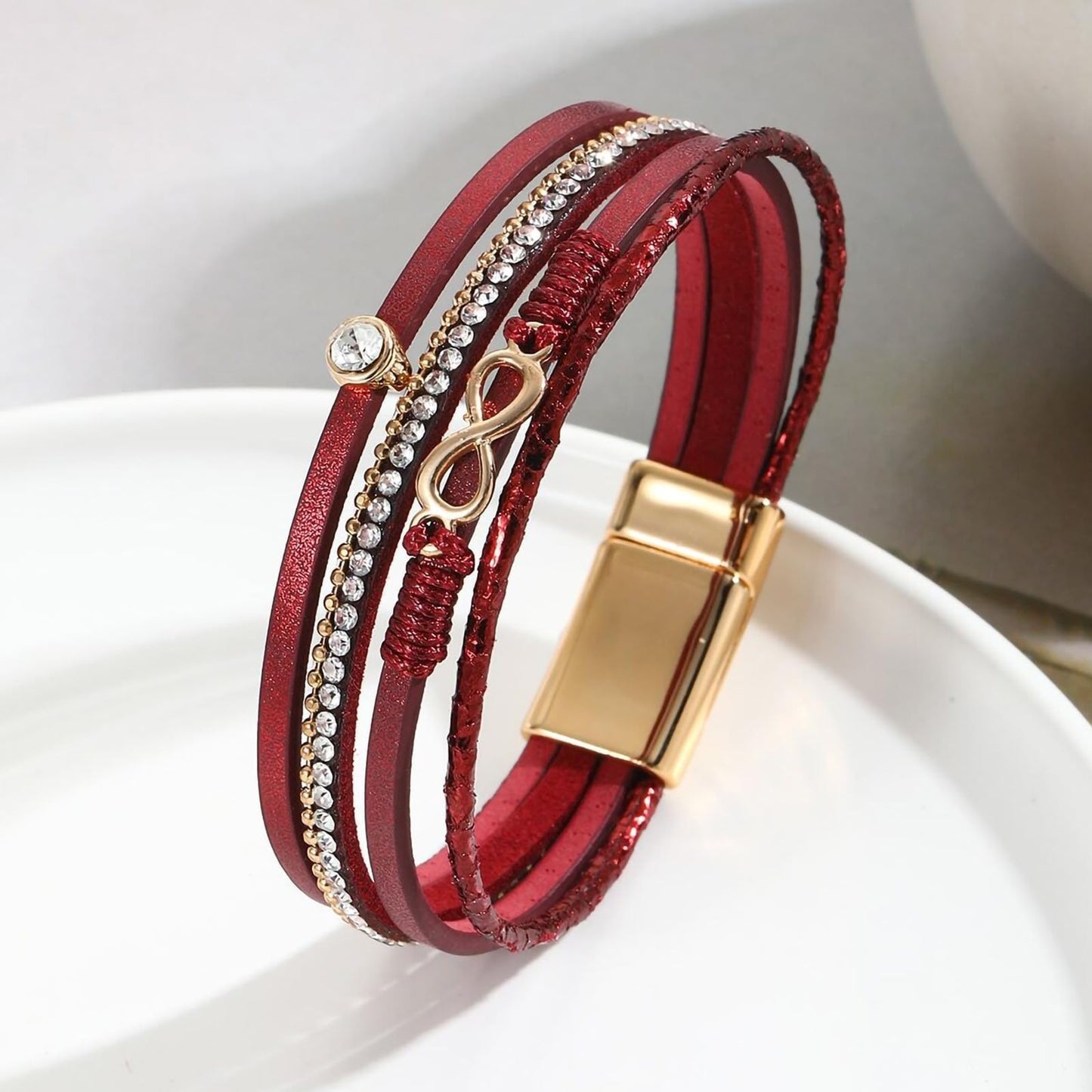 Leopard Bracelet for Women, Boho Leather Wrap Multi-Layer Pearl Crystal Bracelet Bangle Jewelry (Infinite(Red))