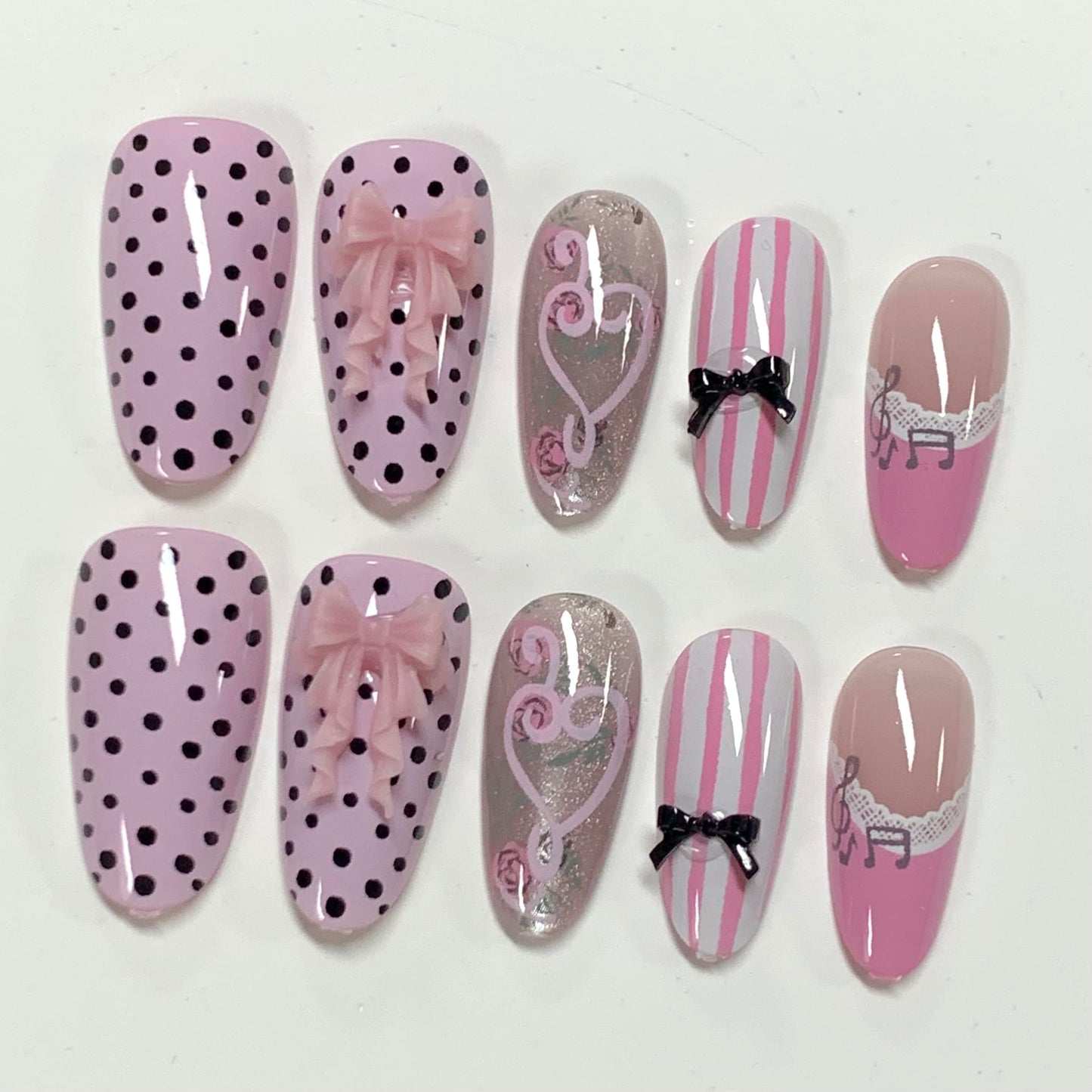 BABALAL Press On Nails, Medium Almond Fake Nails, Pink French Tip, Cat Eye Bling, Polka Dot & Bow Charm, Flower Kawaii Glue On Nails 24Pcs Reusable