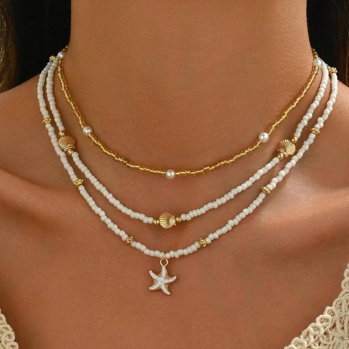 Nackiy Handmade Sea Shell Necklace for Women Summer Adjustable Natural Shell Collar Necklace (Starfish 3pcs)