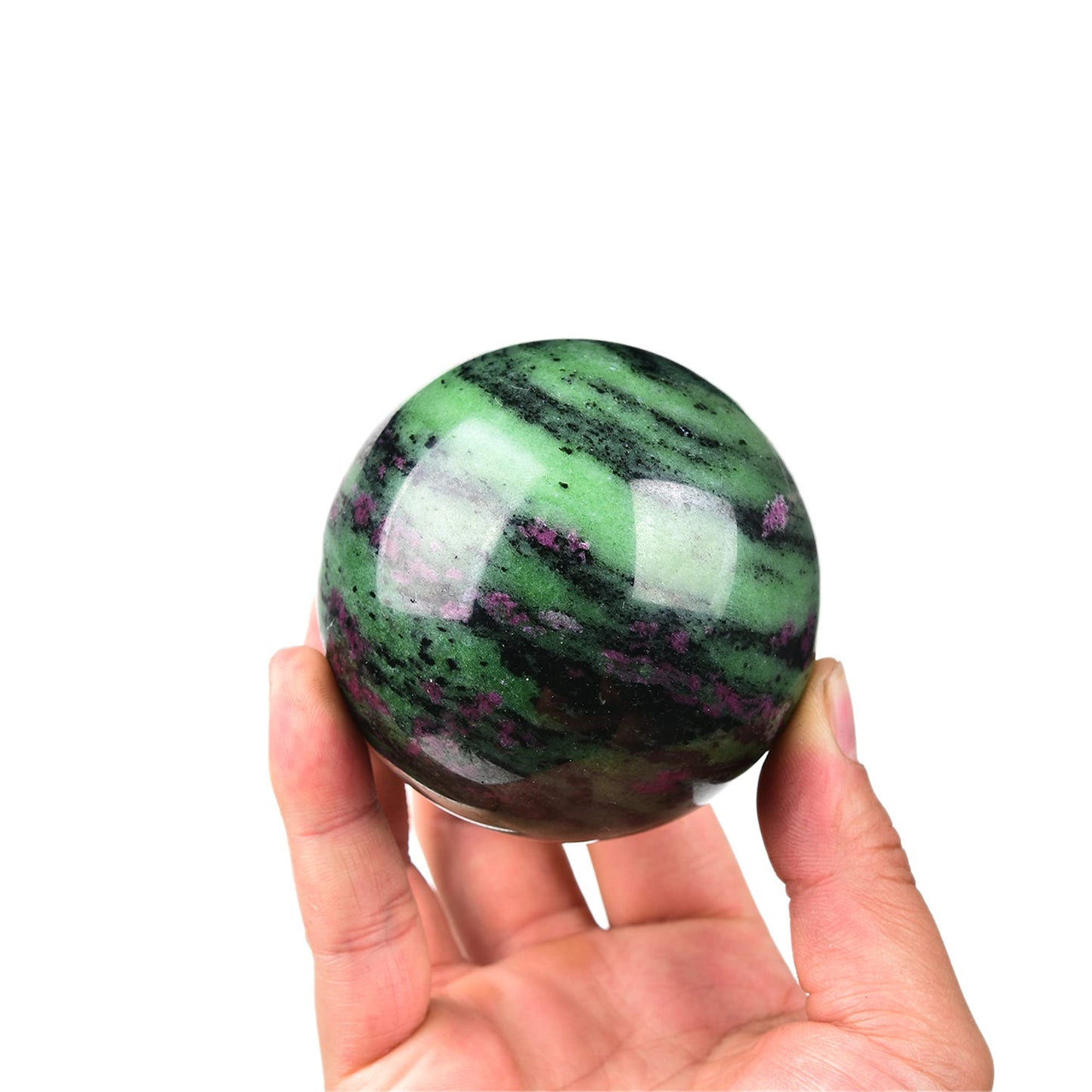 JIC Gem Crystal Sphere Ruby Zoisite Healing Ball With Wood Base - Red&Green Treasure Gemstone for Reiki Chakra Decor (70-80mm)