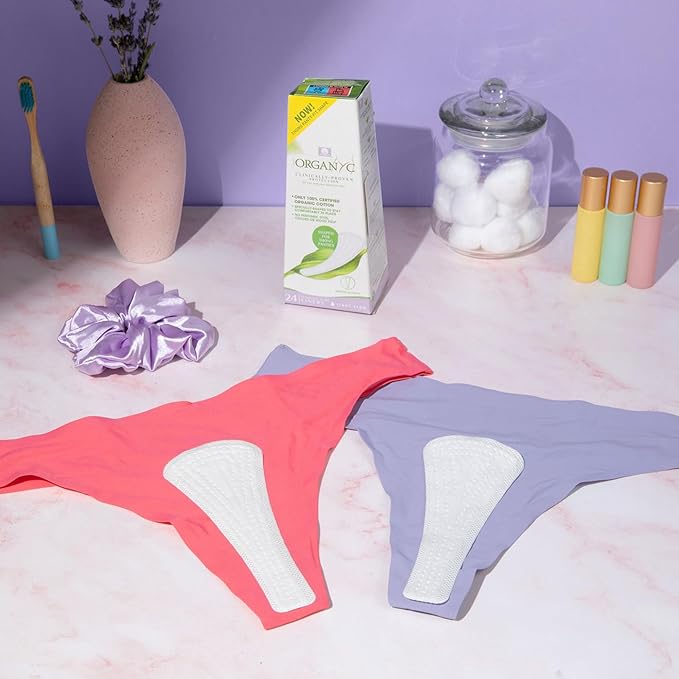 Organyc 100% Certified Organic Cotton Inside and Out Foldable Tanga Thong Panty Liners, Ultra Thin Liners for Women, Light Flow, 24 Count - 6 Packs