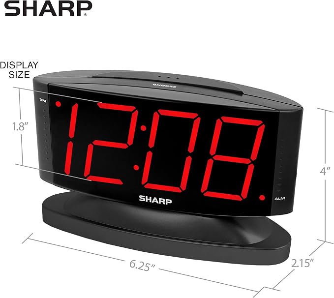 Sharp Outlet-Powered Alarm Clock with Swivel Base, Red LED and Dimmer | Outlet powered; Swivel base; Large red LED digits; Adjustable brightness; Snooze; Simple controls; Midnight Black