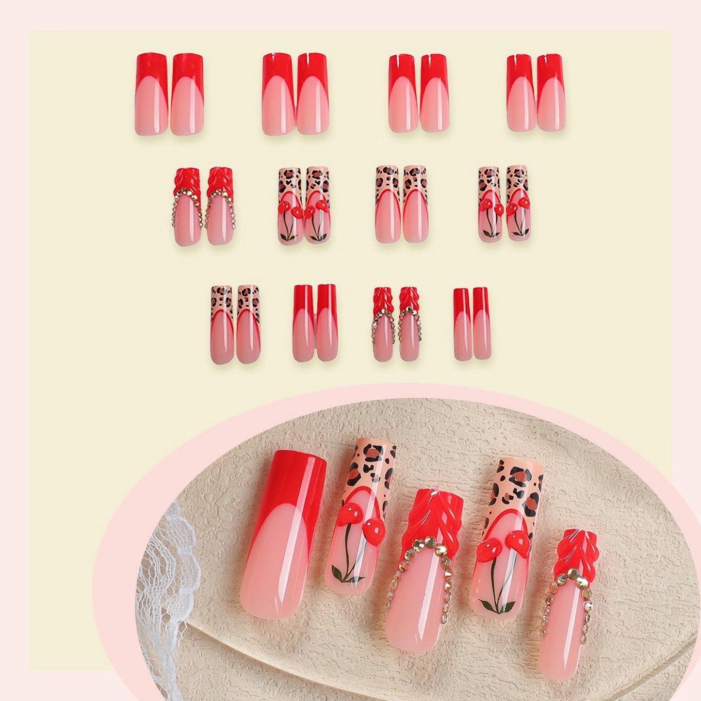 MISUD Press on Nails - Long Square Fake Nails with Red French Tip, Acrylic Cherry Cheetah Design 24 pcs
