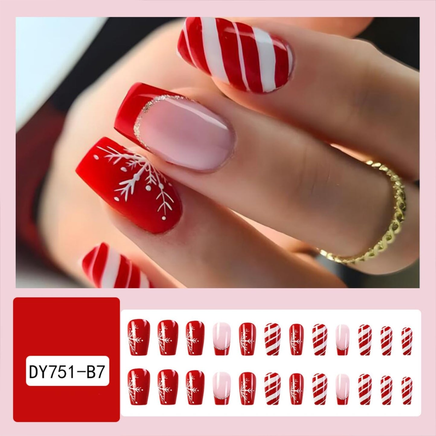 Winter Holiday Press on Nails Medium Christmas Fake Nails with Stripe Snowflake Design Red Christmas False Nails Xmas Acrylic Nails Glossy Full Cover Stick on Nails for Women Girls 24Pcs
