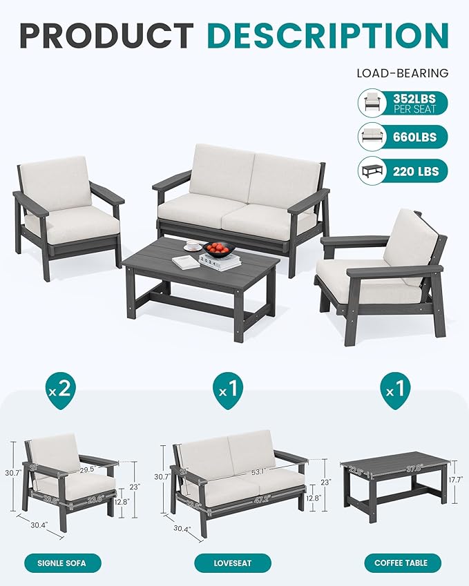 SERWALL HDPE Outdoor Furniture Set 4, All Weather Wood-Like Outdoor Sofa Sectional Couch, Grey Patio Furniture Set with Khaki Cushions
