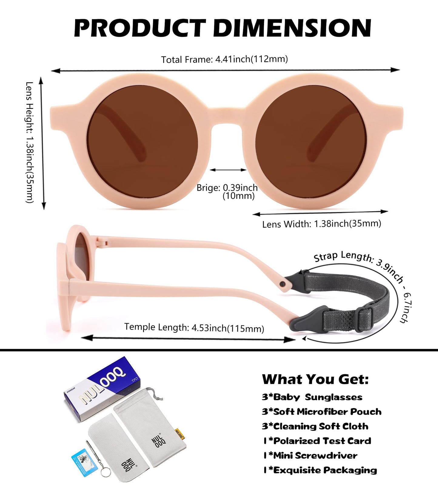 NULOOQ Bendable Polarized Baby Sunglasses with Strap Round Flexible for Infant Newborn & Toddler Age 0-24 Months (Pink/Brown + Beige/Brown + Green/Brown) - 3 Pack