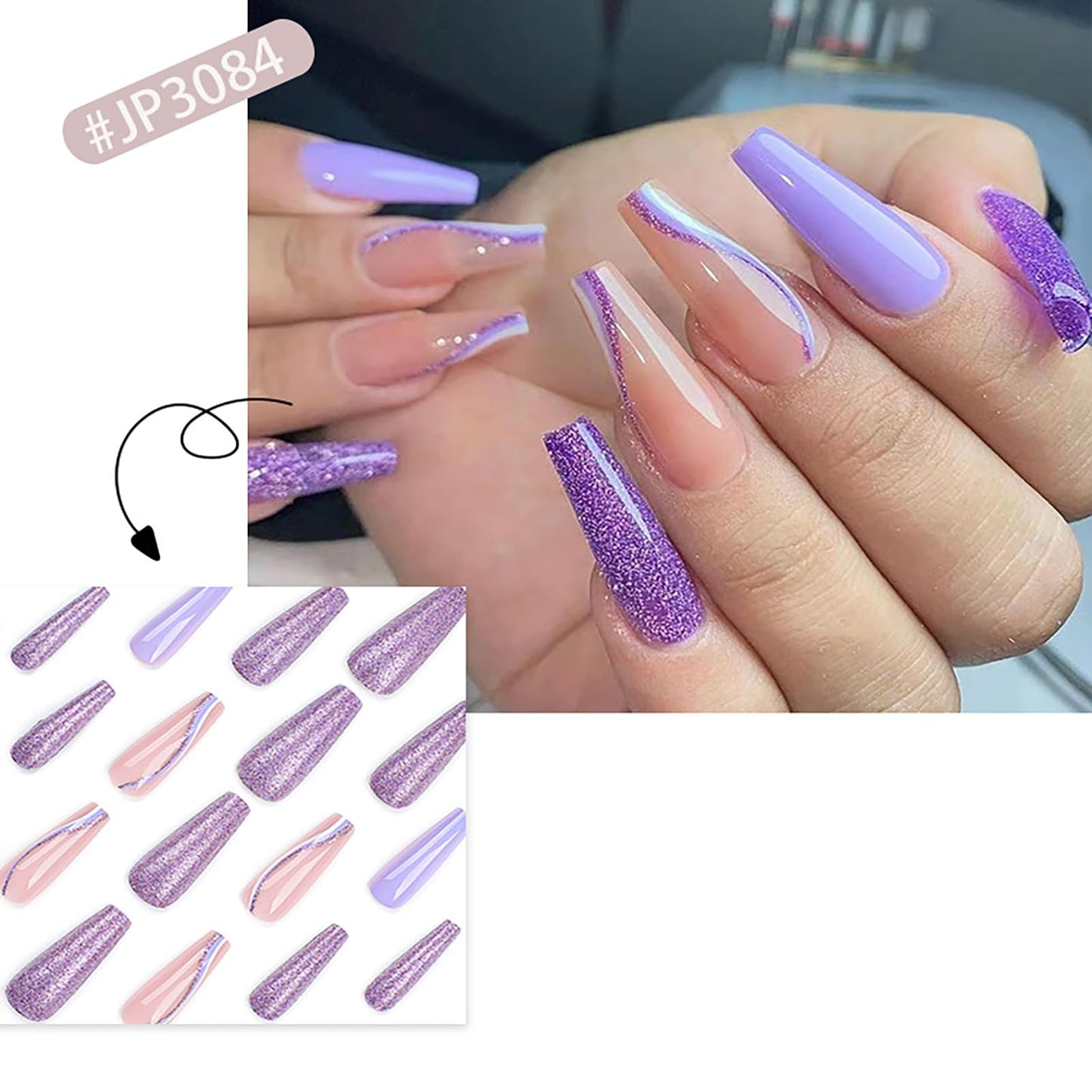 Long Press on Nails Coffin Fake Nails Purple Glitter False Nails with Swirl Designs Nails Press Ons 24Pcs Glossy Long Ballerina Full Cover Acrylic Stick on Nail for Women