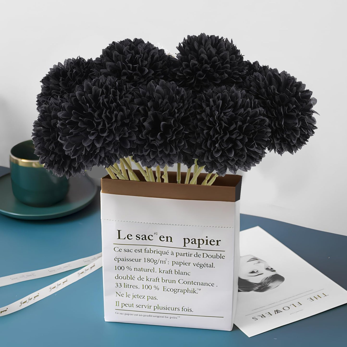 Rowfad 12 Pcs Black Artificial Chrysanthemums Flowers Silk Fake Mums Flowers for Halloween Ghothic Wedding Table Centerpiece Christmas Home Decor (12, Black)