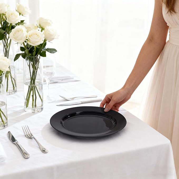 100PCS Black Plastic Plates, 10 Inch Disposable Dinner Plate Party, Heavy Duty Disposable Plastic Plates for Party, Wedding and Birthday