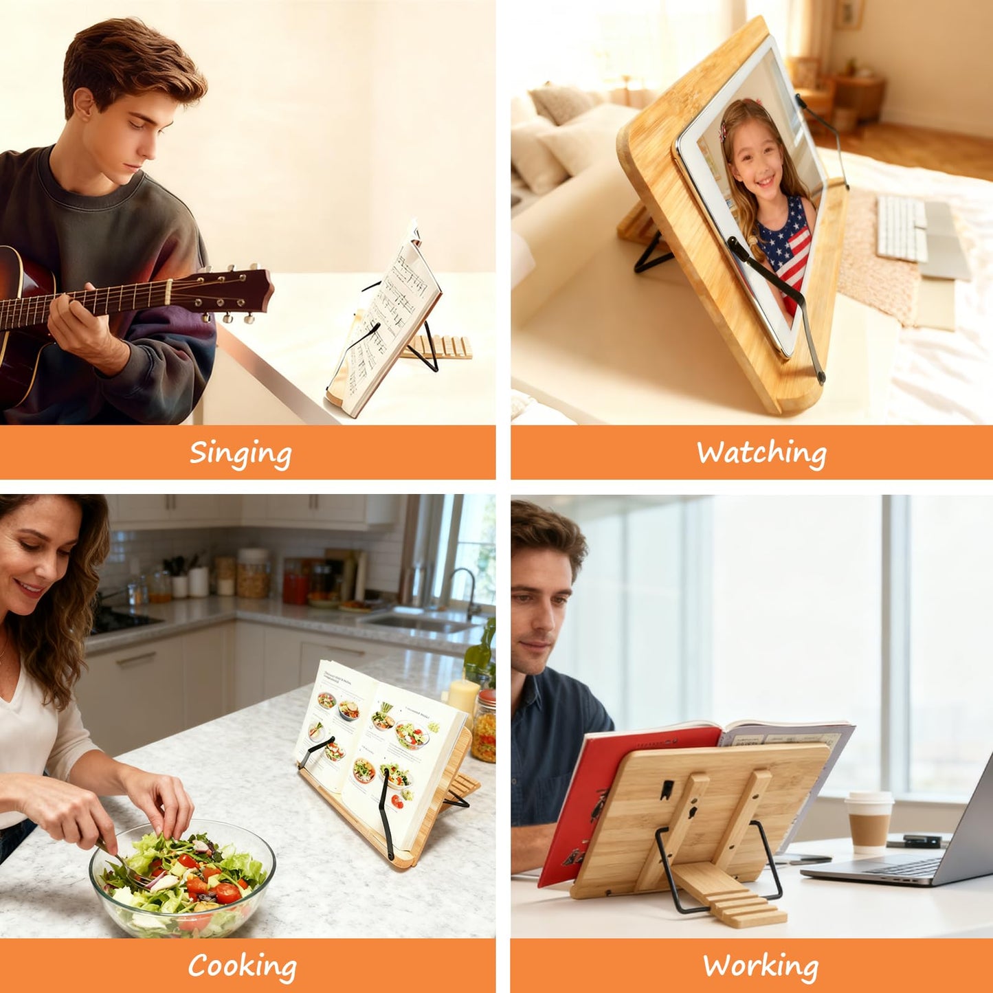 Cookbook Stand for Kitchen Counter, 5-Level Adjustable Elegant Bamboo Recipe Book Holder, All-in-One Design Locks Flat for Easy Storage, Holds 1 inch Thick Books for Cooking, Working, and Studying