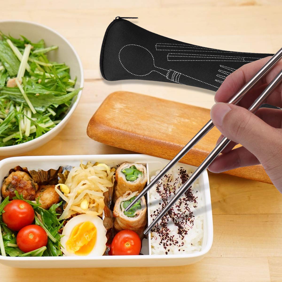 Arroyner 6 Pack Reusable Flatware Sets Knife, Fork, Spoon, Chopsticks, 24Pcs Portable Travel Stainless Steel Tableware Dinnerware with Carrying Case