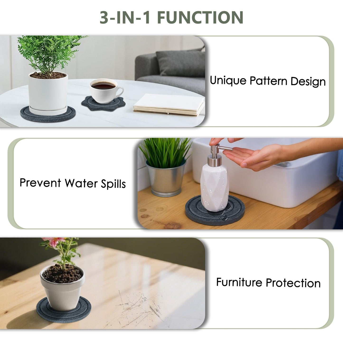 BXI Felt Plant Saucer Mat - 3 Pcs 8 Inch Water Absorbent Planter Coaster, Thick Flower Pot Saucer Pad, Planting Drip Tray for Indoors, Fabric Protective Plate for Tabletop and Floor Surface