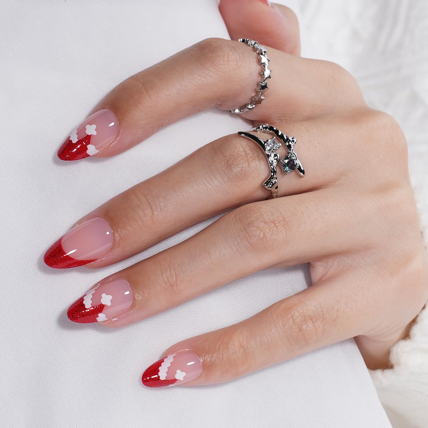 Christmas Press On Nails - Candycap Short Almond Fake Nails, Red French Tip Press On Nails Reusable Stick On Nails in 16 Sizes, 32pcs False Nail Kit for Women & Girls