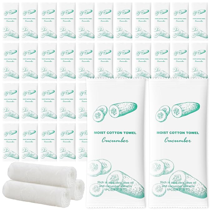 Moist Cotton Towel Bulk Moist Towelettes Individually Wrapped,White Towel Services,Refreshment Pre Moistened Towels for Dentist Travel Sport Party Hotel 200，Cucumber