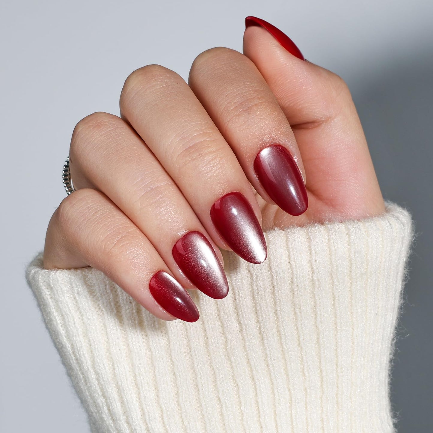 Red Cat Eye Press on Nails Short Almond - Wine Red Press on Nails, Reusable Glossy Nails Press ons for Women, Fake Nails Kit with Glue, 32 Pieces in 16 Sizes