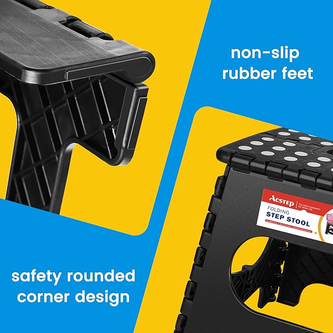 ACSTEP Folding Step Stool for Adults-11 Height Lightweight Plastic Stepping Stool Foldable Step Stool Hold up to 300lbs Non Slip Collapsible Stool for Kictchen, Bathroom, Black