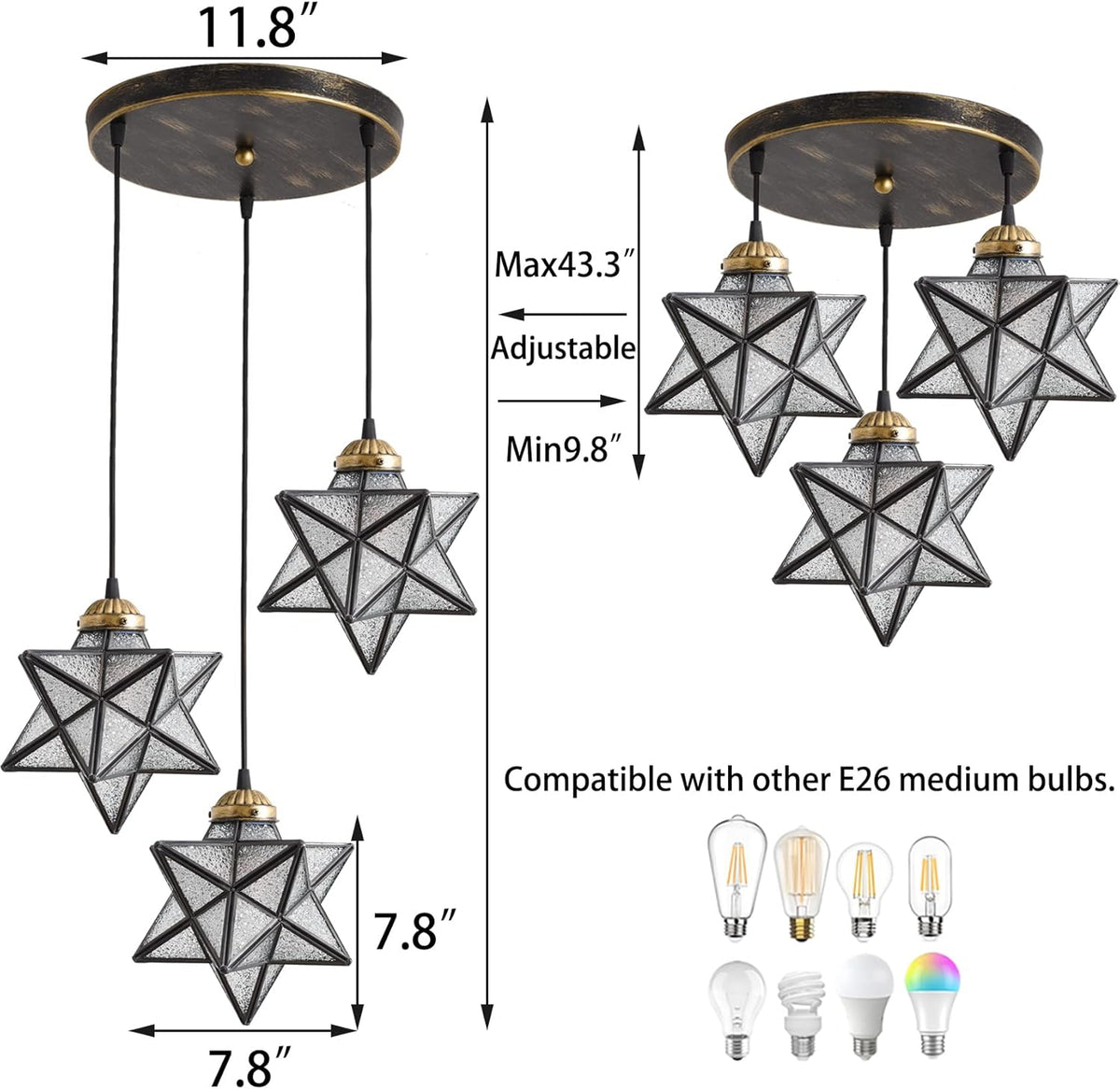 Glass Glam Chandelier Star Pendants Light Fixture Modern Elegant Ceiling Hanging Lights Included LED Warm Light Bulbs Oiled Bronze