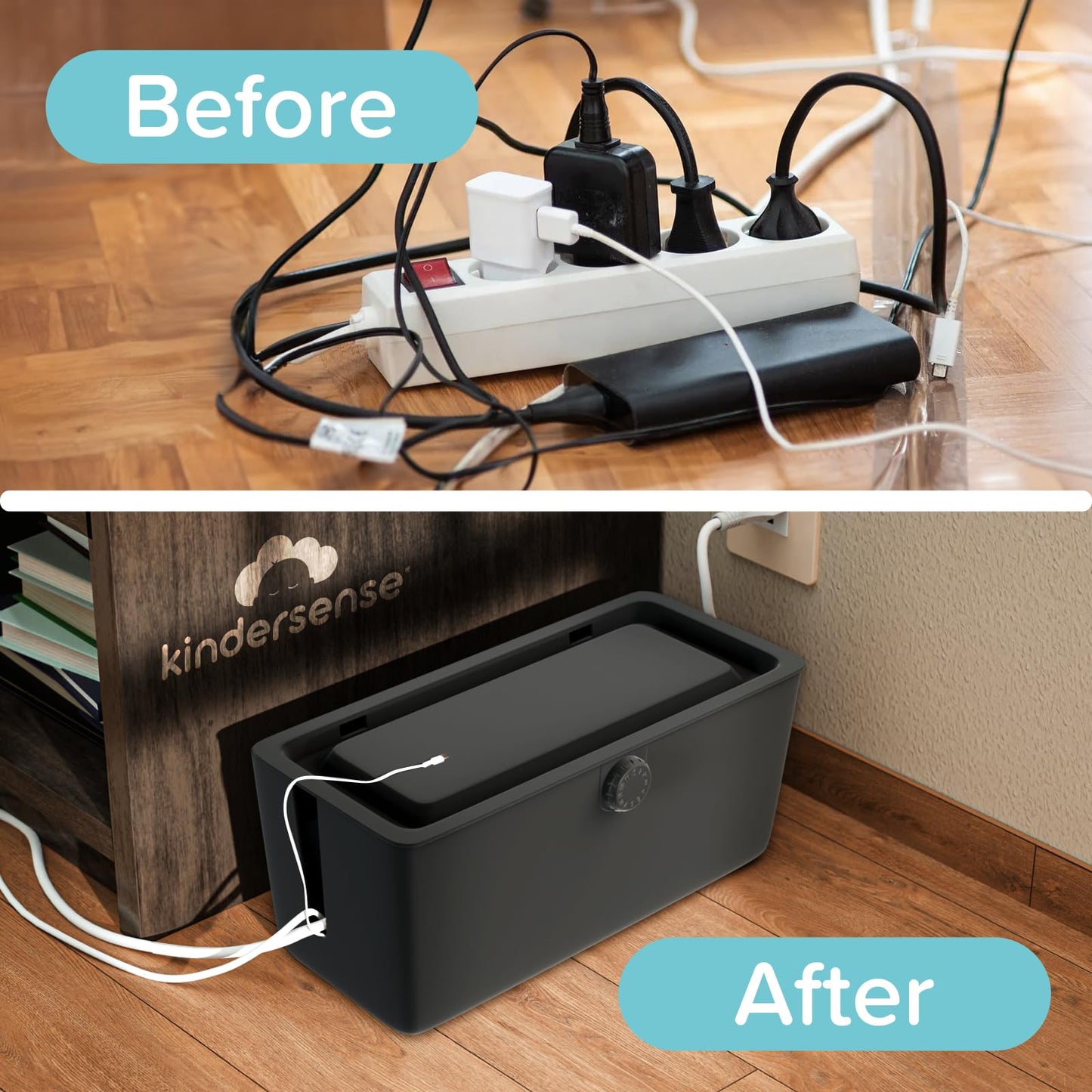 KinderSense® Cable Management Box - Cord Organizer with Child Proof Lock - Cord Hider to Conceal Wires,Power Strips from TV,Computer,Desk and Babies - 12 X 5.25 x 5.25 (Black)