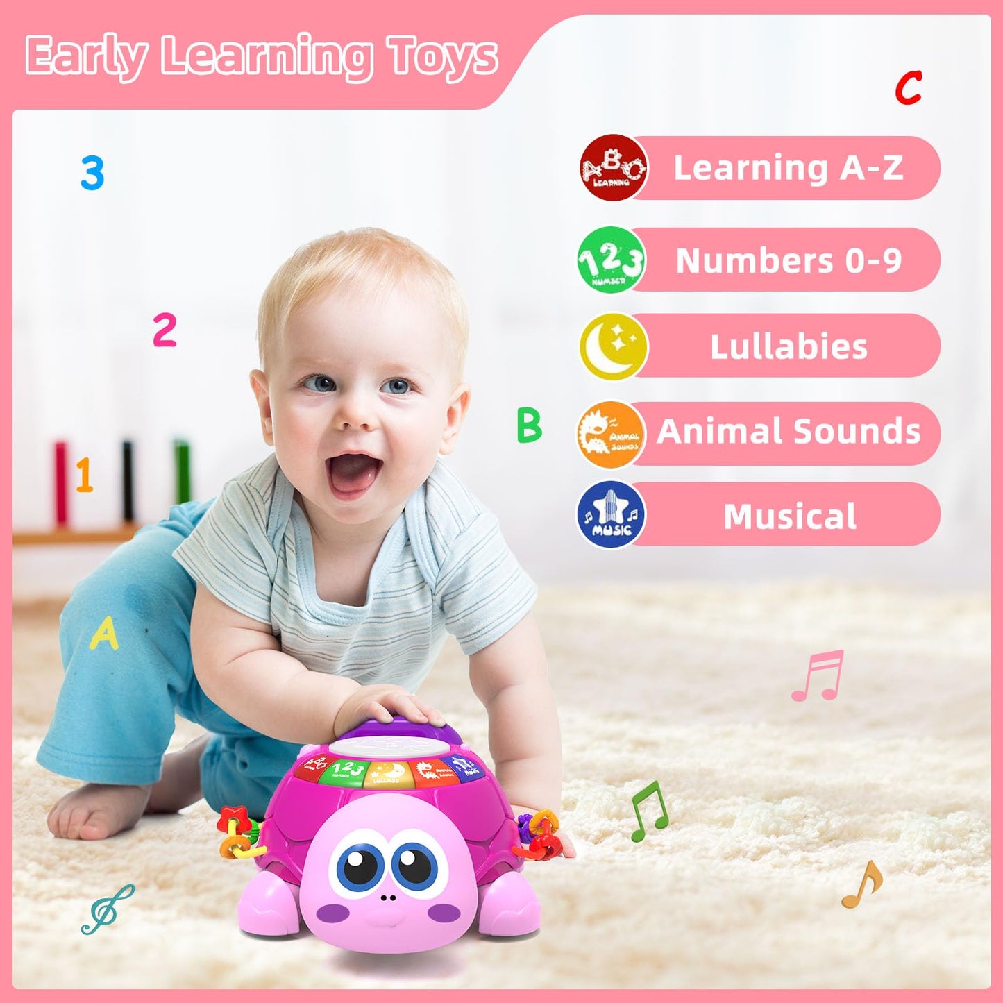 Hanayo Baby Musical Turtle Crawling Girl Toys for 6-18 Months，Infant Early Learning Educational Toy，Baby Girl Gift Essentials for Newborn 7 8 9 11+ Months 1-2 Year Old(Pink)
