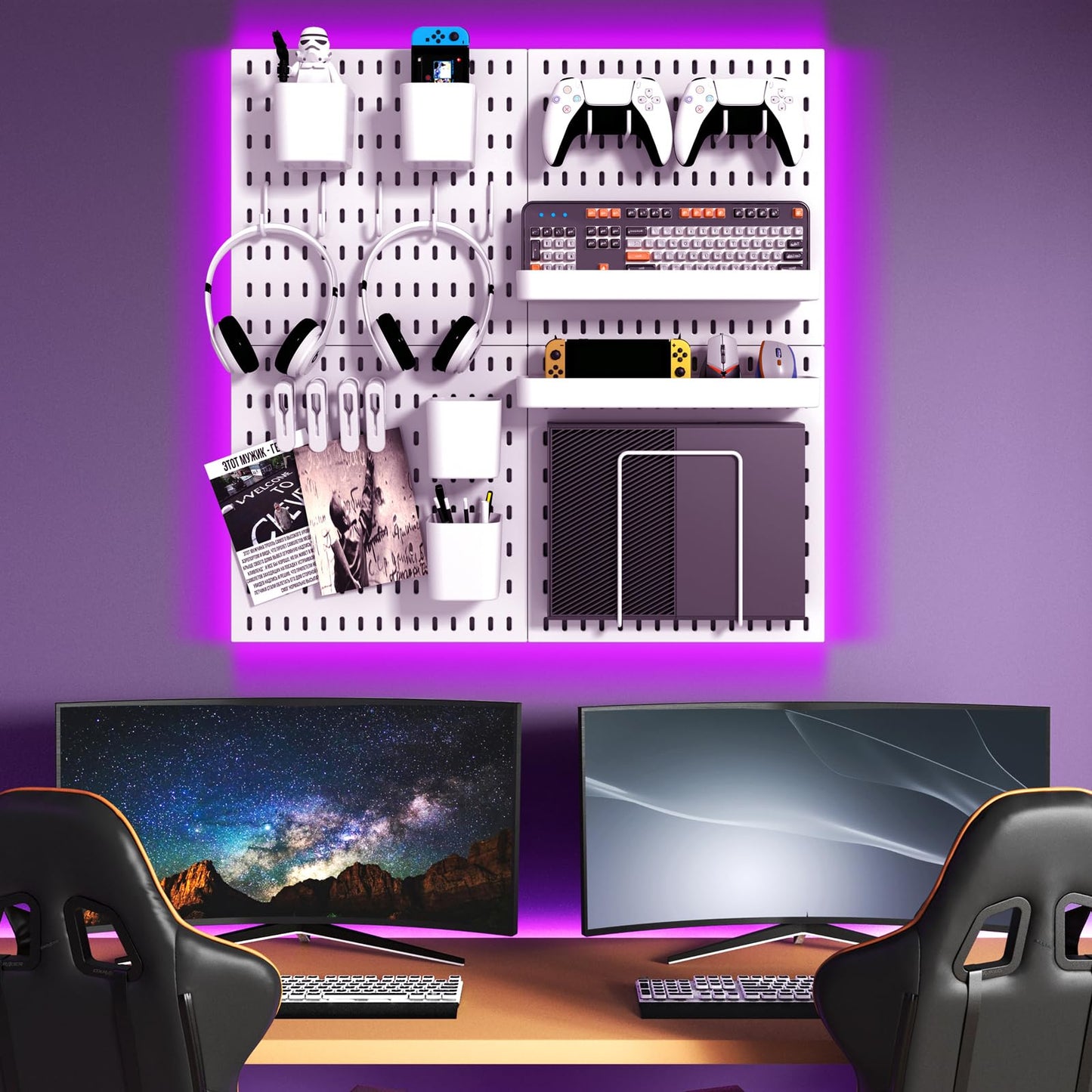 VEOFEMLEA Peg Board Combination Kit, 4 Pegboards with 20 Accessories, Pegboard Wall Organizer for Office, Nursery & Home Storage, Key Holder, 25.6"x25.6" – Nail-Free Installation（White）