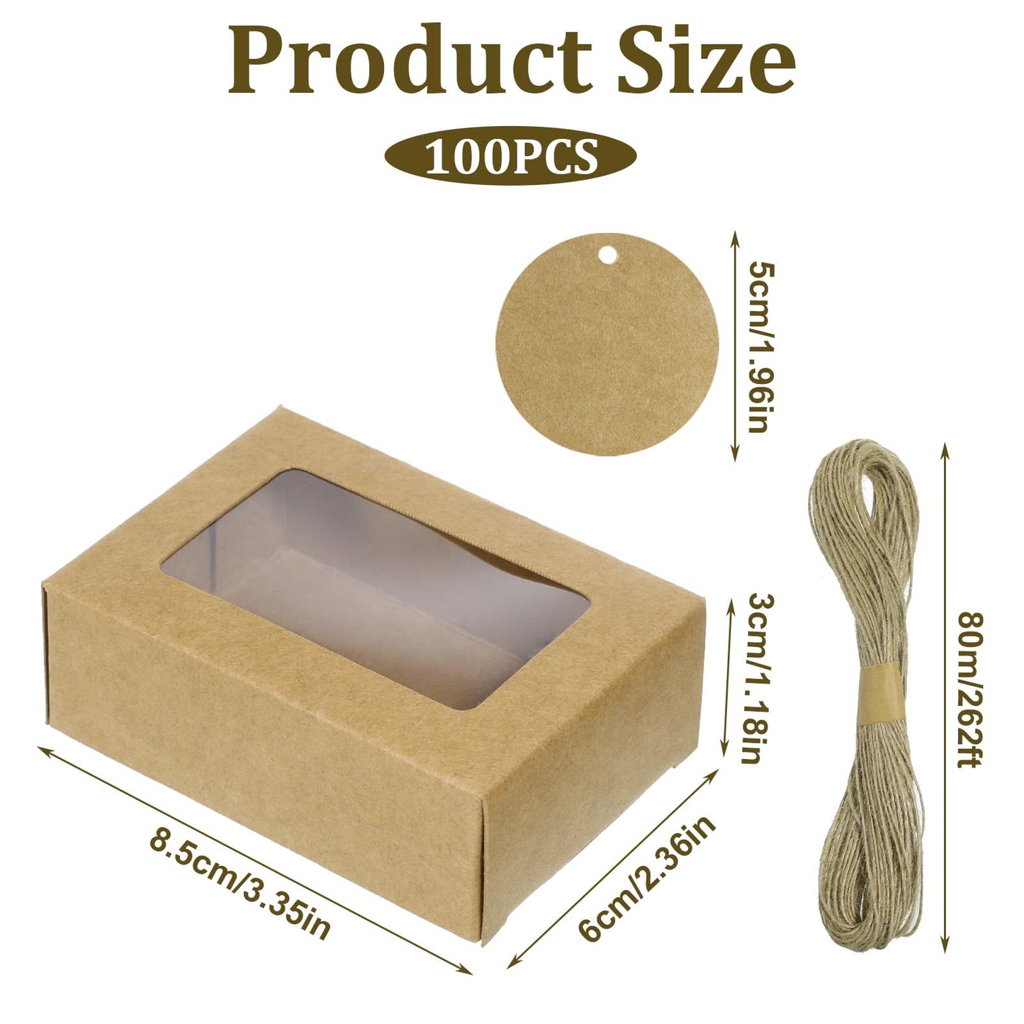 100 Pcs Soap Boxes for Handmade Soap, 3.35 x 2.36 x 1.18 Inch Kraft Paper Soap Packaging Boxes with Clear Window Small Rectangular Gift Wrapping Box for Bakery Candy Cookies Chocolate Party Favors