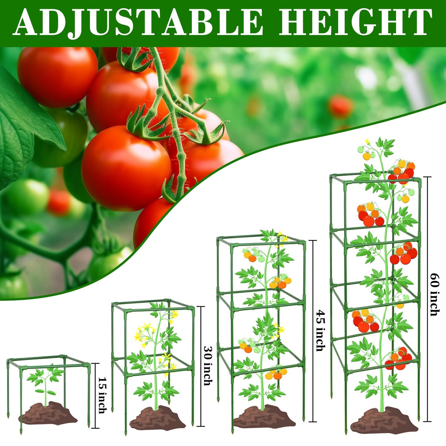 ZeeDix 6 Pack Heavy Duty Tomato Cages for Garden 60 Inches, Square Adjustable Tomato Trellis Cage Climbing Plant Support Trellis Plant Cages for Climbing Vegetables Flowers with 40Pcs Clips