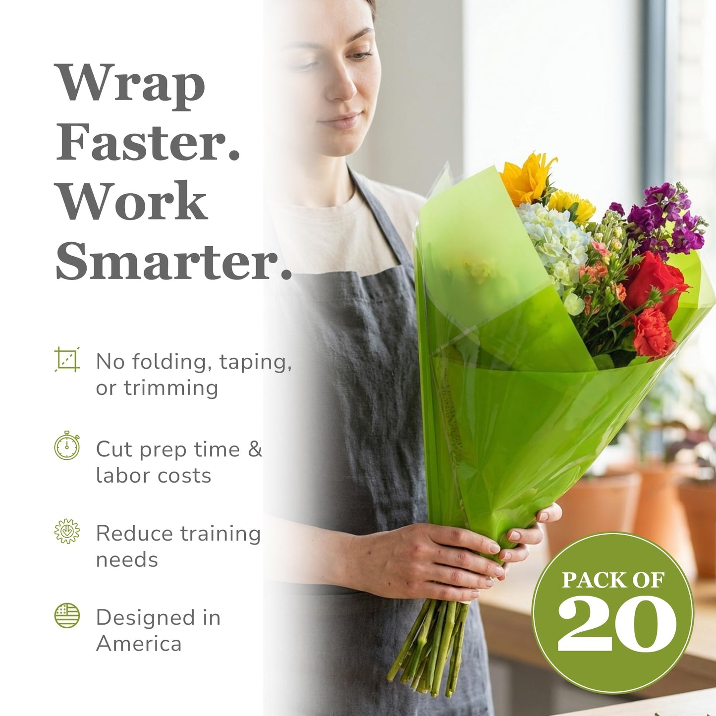 the florist Supply Candy Prefold 20 Pack, 20 x 2.5 x 18 Inch Flower Bouquet Wrapping Paper, Waterproof Floral Paper Sleeves, Gift-Ready for Wedding, Birthday, Holiday - Green
