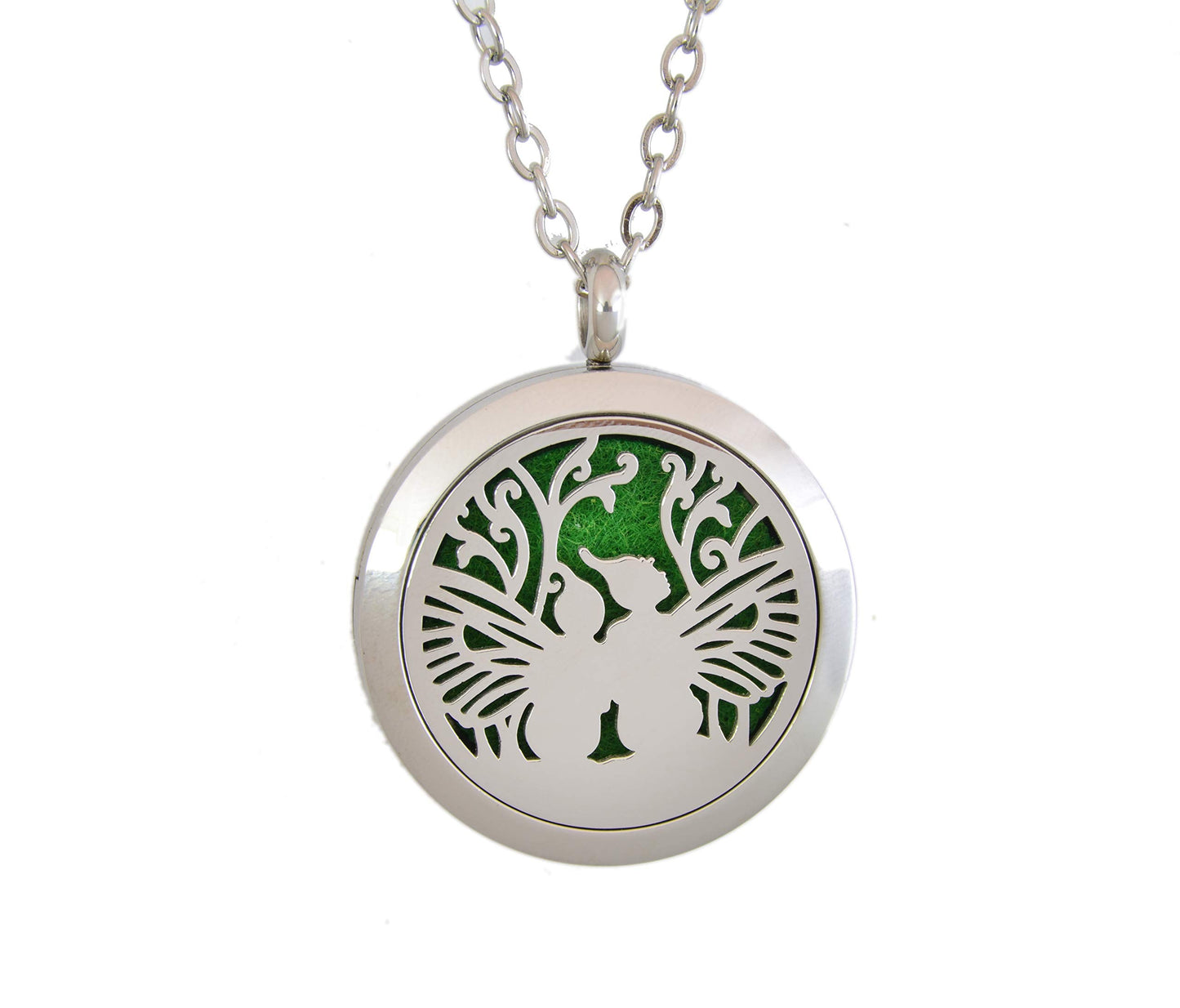 Aromatherapy Essential Oil Diffuser Stainless Steel 30MM Silver Magnetic Locket Pendant 2 Sizes Chain Necklace, Refill Pads & Diffuser Bracelet in a Velvet Bag (Double Fairy)