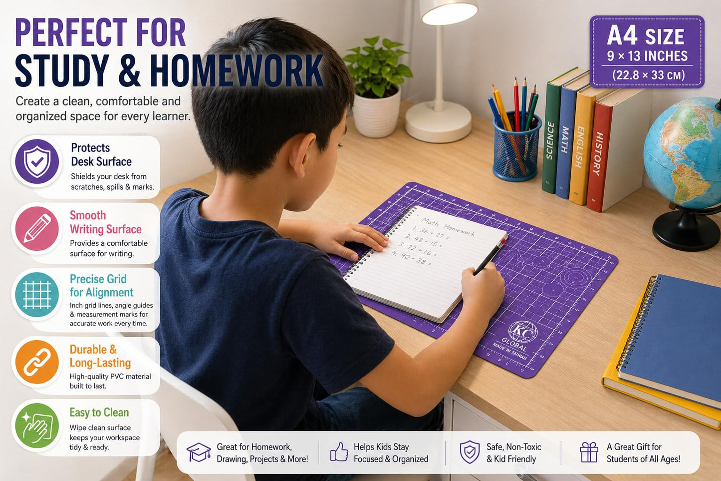 KC GLOBAL A4 (13"x9") Professional Grade Self-Healing Double-Sided PVC Cutting Mat (Purple) - Odor-Free, Eco-Friendly, Non-Slip, Premium Desk Mat for DIY, Crafting, Model Building and Art Projects