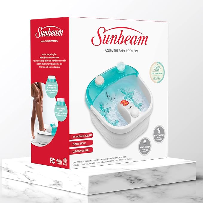 Sunbeam Deep Reservoir Aqua Therapy Foot Spa Foot Bath with Heat, Bubbles, Massage Rollers with Exfoliating Brush and Pumice Stone Pedicure Attachments, Extra Long Basin