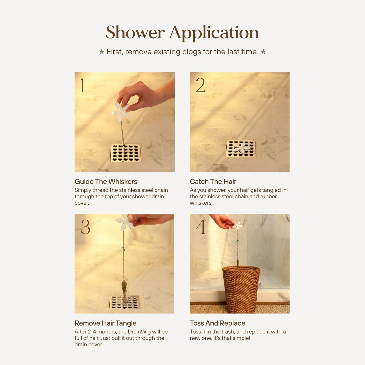 DrainWig Shower Drain Hair Catcher – Disposable Bathroom Hair Trap, Easy to Install in Shower Drain Cover, Helps Prevent Clogs – As Seen on Shark Tank - Silver Flower (12-Pack)