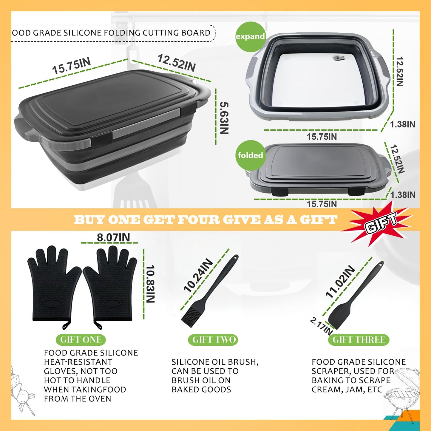 Collapsible BBQ Prep Tub with Lid & Cutting Board 8L - Meat Marinating Basin & Grill Carry System - 5pc Set with Heat Resistant Gloves, Basting Brush & Spatula(Black, Large, 8L)