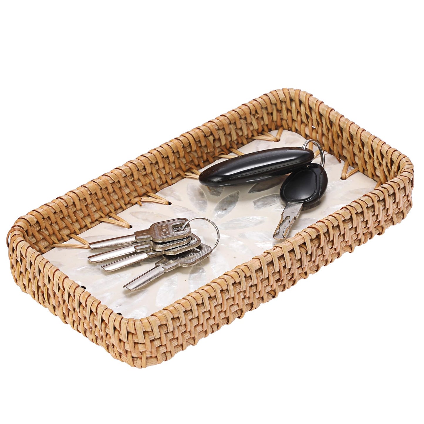 GUSHBIN Decorative Key Basket for Entryway Small Handwoven Rattan Tray Rectangular Key Holder Tray Wicker Basket Organizer for Keys Remote Control Jewelry, White
