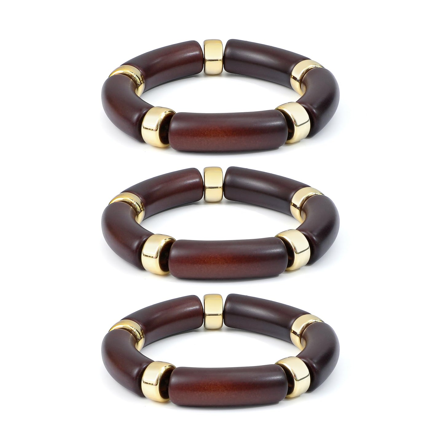 GOOJIDS Simple Beaded Gold Plated Bangles Bracelet Chunky Bamboo Tube Curved Stacking Clear Acrylic Colorful Beads Stretchable Gold Plated Bracelets Set For Women (T-Dark Brown 3 set)