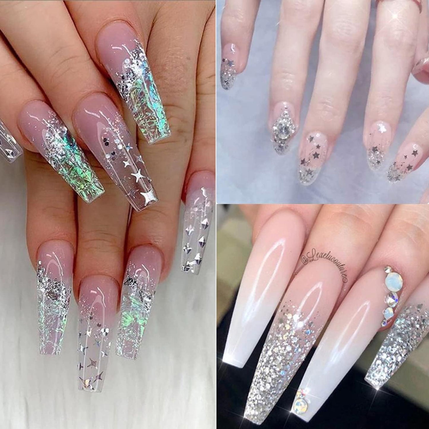 Vezocim Silver Glitter Nail Flakes Holographic 3D Glitters Sequins Decorations, Heart Circle Letters Butterfly Design Supplies DIY Sparkly Resin Nail Art Tips