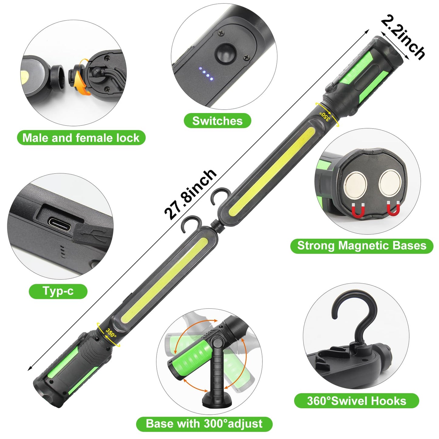 SYLSTAR Work Light for Mechanic, 2400LM LED, 4400mAh Rechargeable, Magnetic, Underhood Work Light with Hooks for Car Repairing/Inspection/Garage/Workshop/Emergency