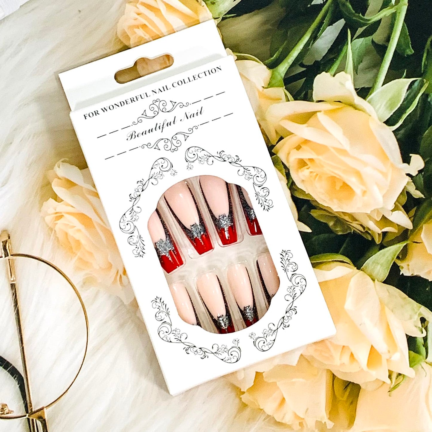 Vezocim Red Press on Nails Coffin Long French Tips Glossy Full Cover Acrylic Square Fake Nails with Bat Designs Extra Long Artificial False Nails Glue Stick on Fingernails with Charm for Women