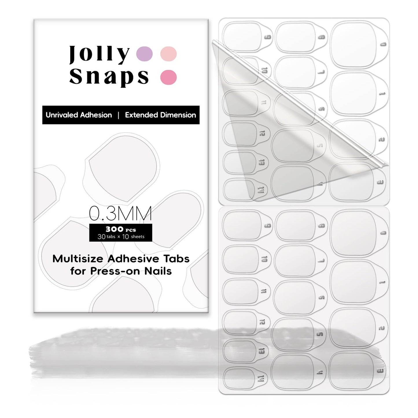 Jolly Snaps 300pcs Adhesive Tabs for Press On Nails, Quick At‑Home Manicure, Strong Hold & Non‑Damaging Temporary Wear, Waterproof Ultra Thin 0.3mm Transparent, Fits Most Adult Sizes