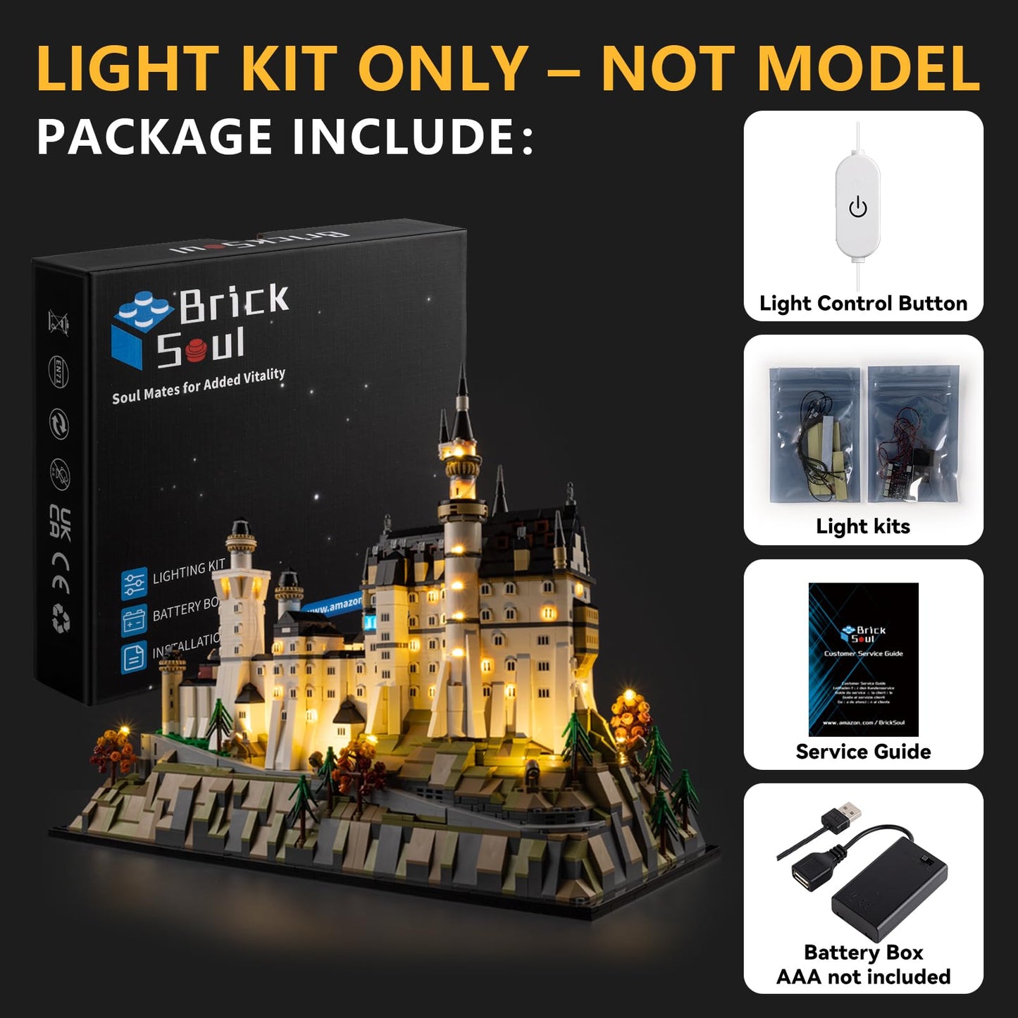 BrickSoul Upgrade Light Kit for Lego Architecture Neuschwanstein Castle 21063 Building Set | with ON/Off & Dimmer Switch & Hidden Cable Tech | Easy Install Lighting Set (21063 Set NOT Included)