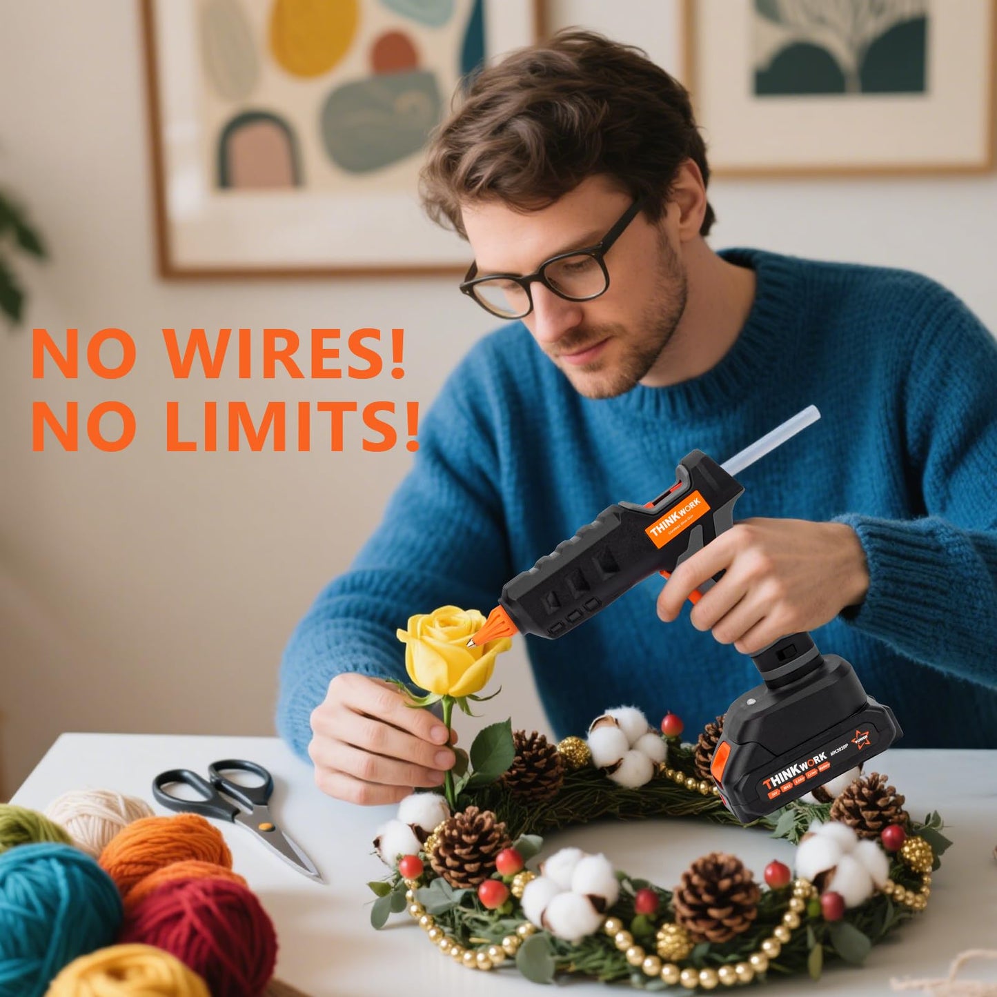 THINKWORK 20V Cordless Hot Glue Gun and Sticks Set, Rechargeable Glue Gun with 30 PCS Full Size Sticks and Battery, Fast Heating for Arts & Crafts, DIY Projects and Home Repairs