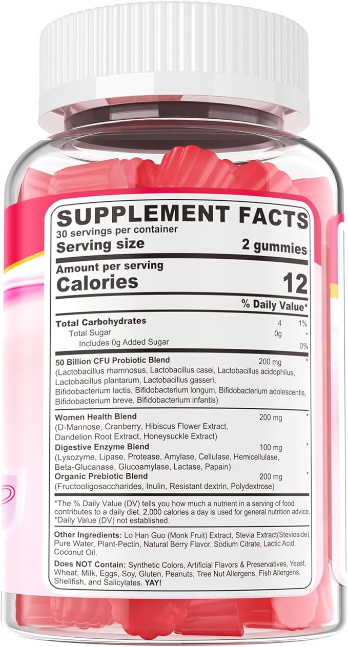 Vaginal Probiotics Gummies for Women PH Balance, Odor Control with Prebiotics, Cranberry, D-Mannose, Promotes Feminine Healthy Vaginal Flora, Urinary Tract, Yeast, Digestive Support, Sugar Free,60Cts